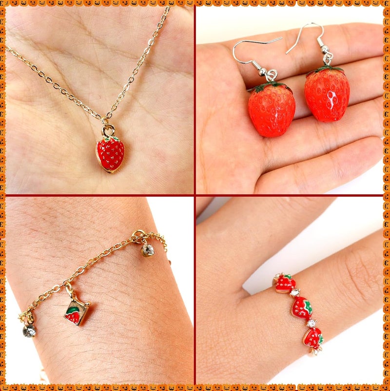 Voiiake Strawberry Costume Jewelry Set for Women - Cute Strawberry Accessories - Necklace, Earrings, Ring & Chain Bracelet for Halloween Party, Cosplay, Halloween Costumes - Image 2